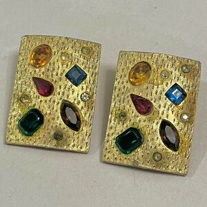 Vintage Large Gold Rhinestones Modernist Designer Runway clip earrings Statement